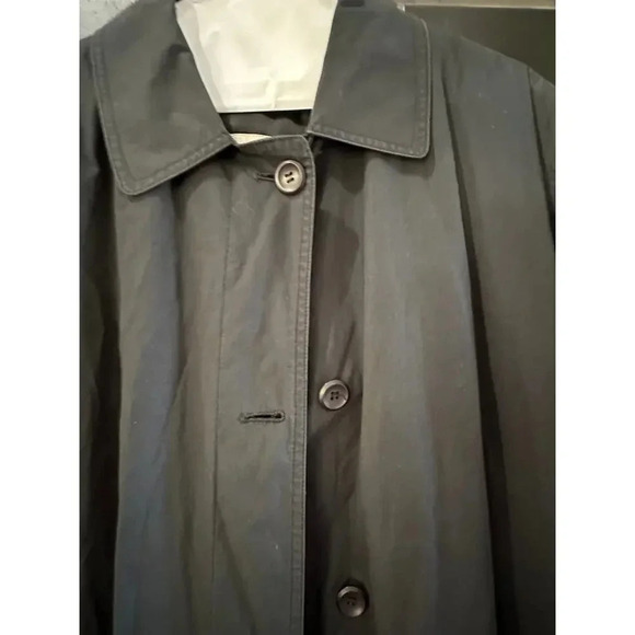 London Fog Black Button Front Hooded Long Regular Fit Trench Coat Size 14 - Picture 2 of 10